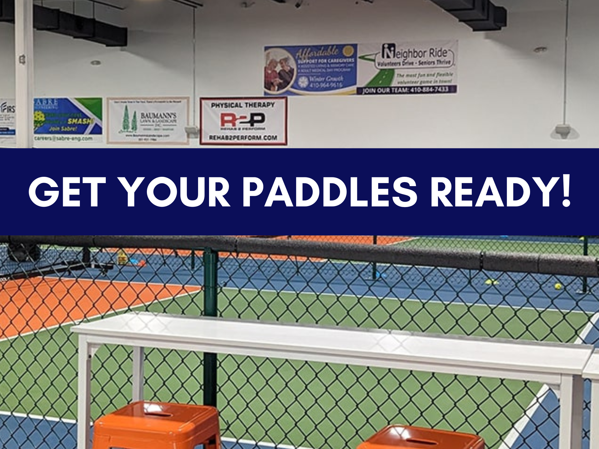 Photo of courts at Dill Dinkers - Columbai with a blue line with wording that says "Get Your Paddles Ready!"