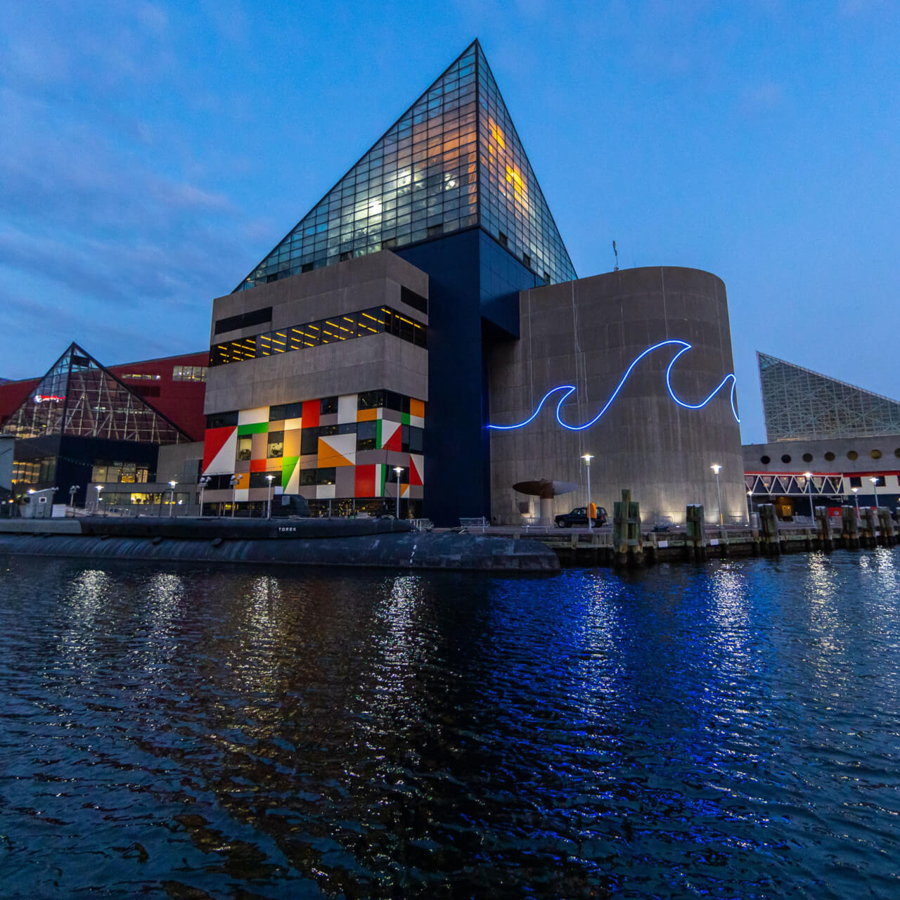 Baltimore Aquarium building at night